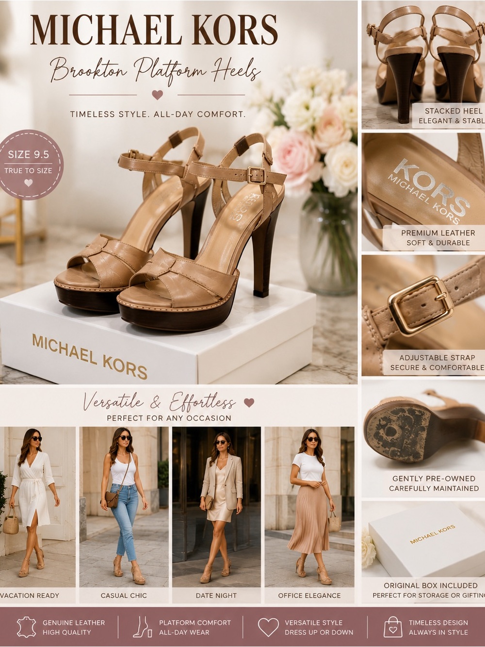 Michael Kors Brookton Leather Platform Heels | Nude Beige | Size 9.5 | Genuine L